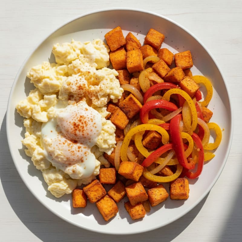 Scrambled Eggs with Roasted Sweet Potatoes and Sautéed Bell Peppers