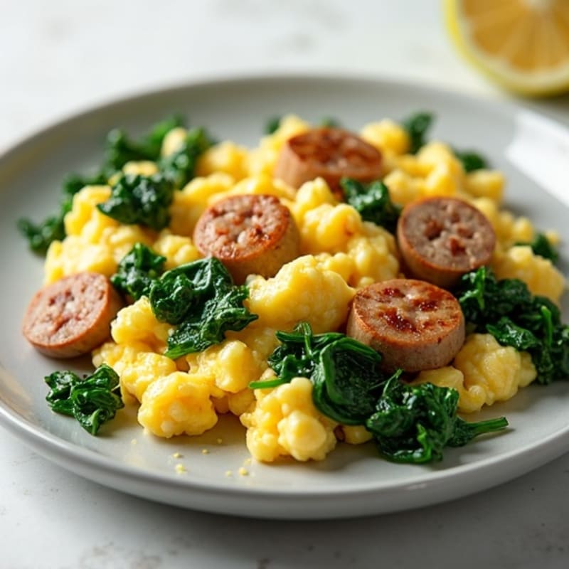 Egg White and Turkey Sausage Scramble with Sautéed Spinach