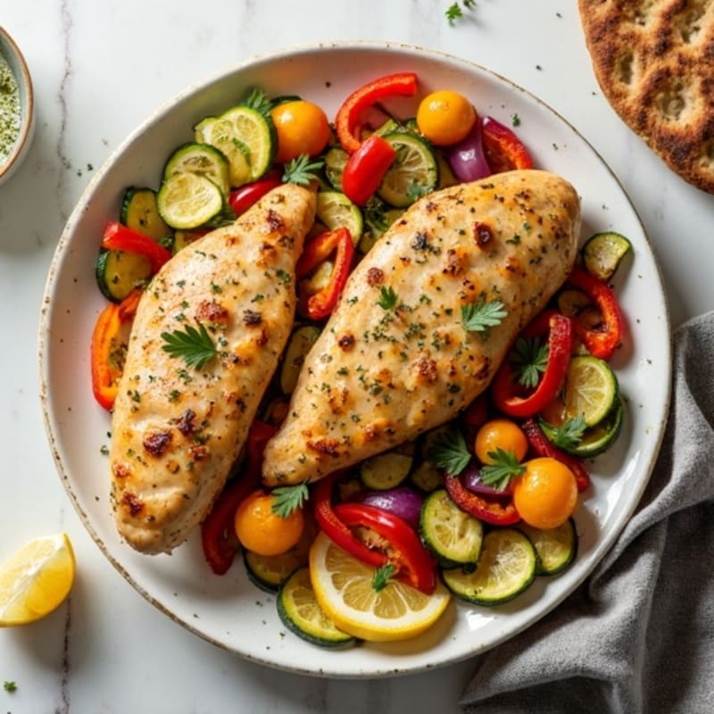 Sheet Pan Lemon-Herb Chicken and Roasted Vegetables with Warm Whole Wheat Pita