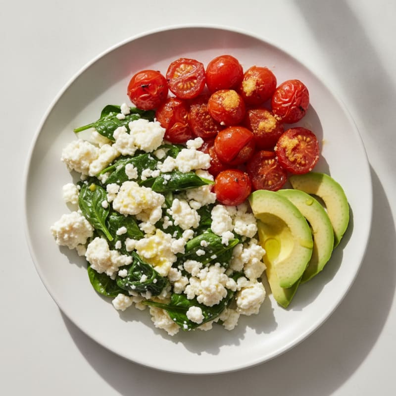 Cottage Cheese Egg White Scramble with Spinach and Roasted Tomatoes