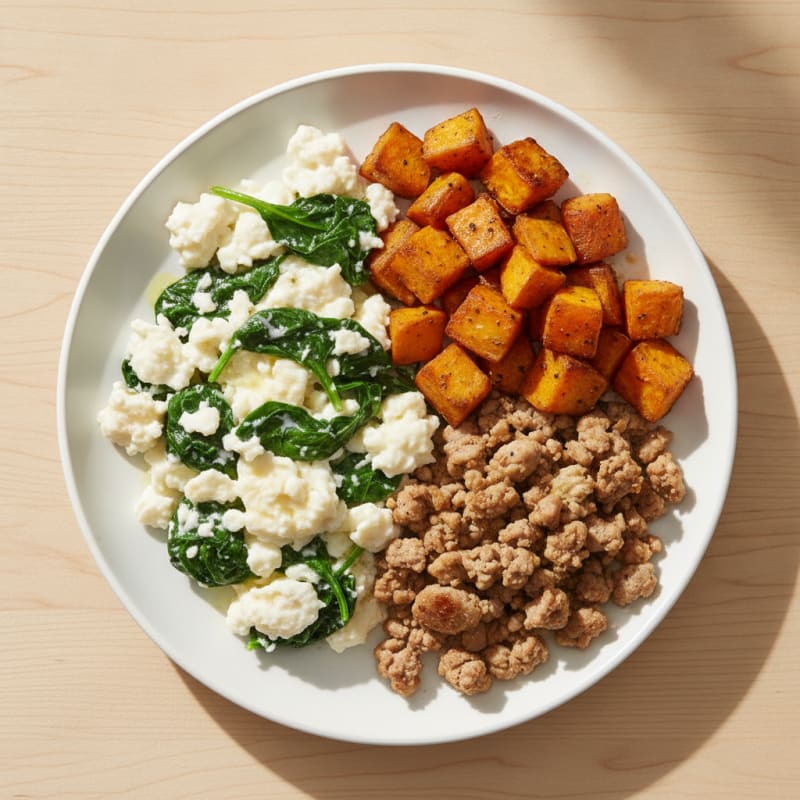 Egg White Spinach Scramble with Sautéed Turkey and Roasted Sweet Potatoes
