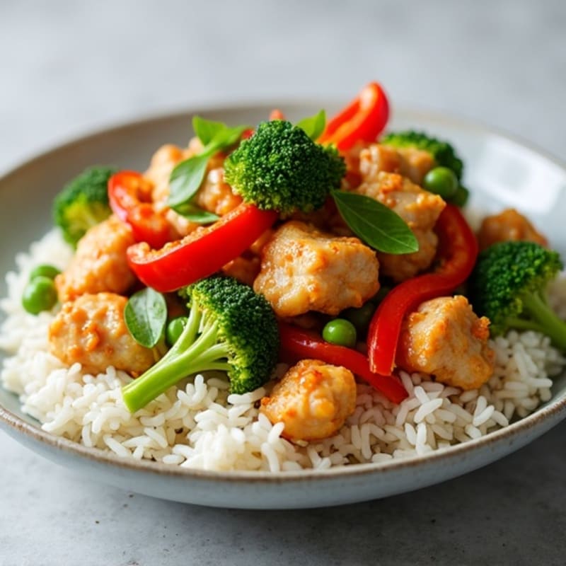 Crispy Chicken and Vibrant Vegetable Stir-Fry with Fluffy Jasmine Rice