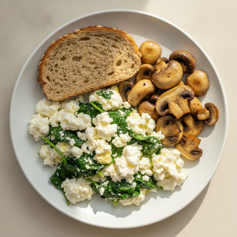 Egg White Spinach Scramble with Cottage Cheese and Sautéed Mushrooms