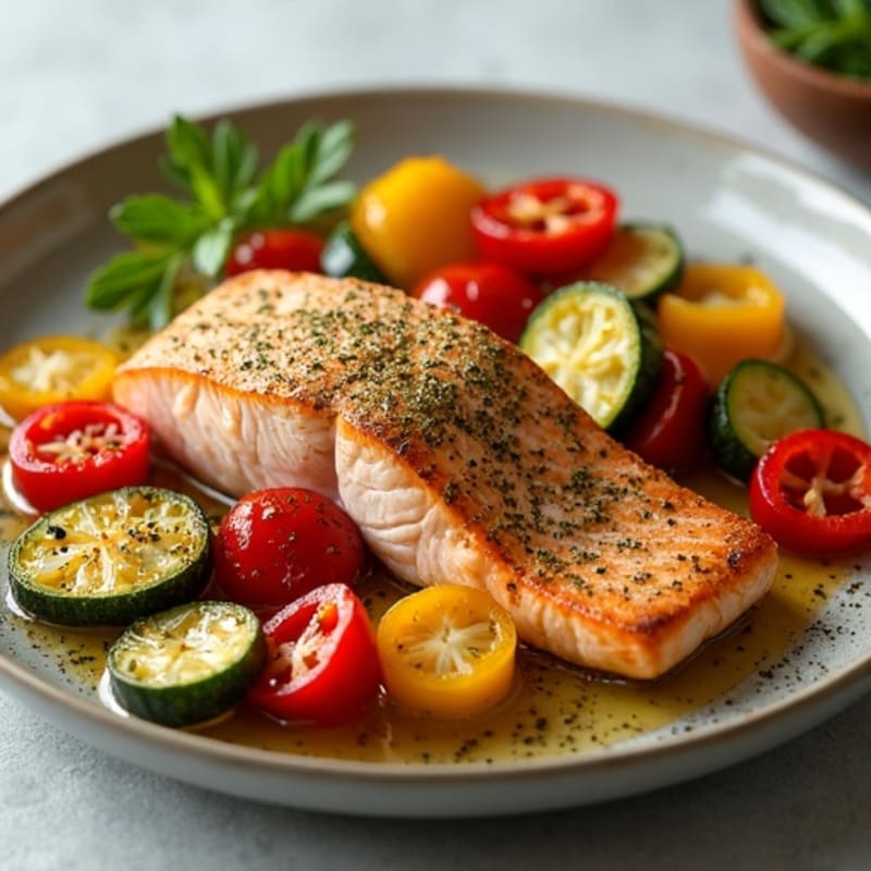 Herb-Crusted Pan Seared Salmon with Roasted Vegetables