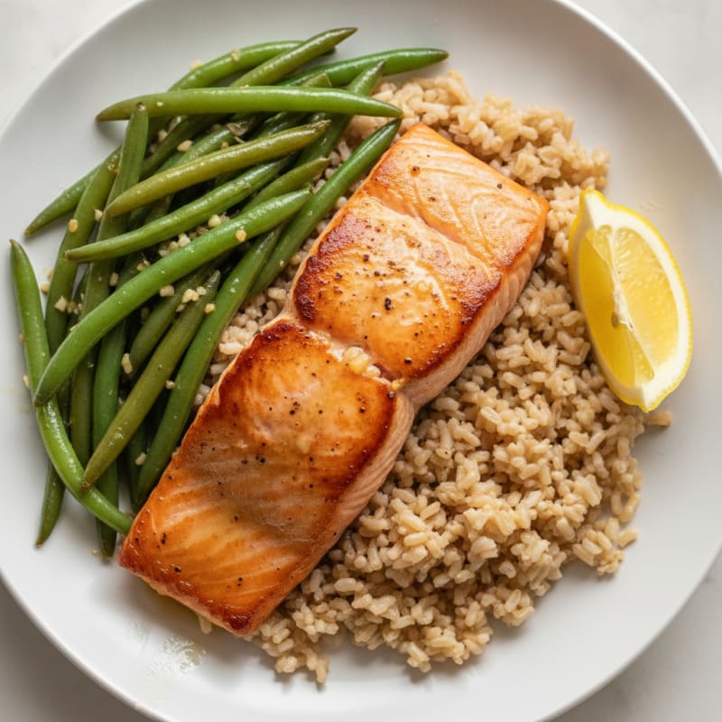 Seared Salmon with Garlic Green Beans and Brown Rice
