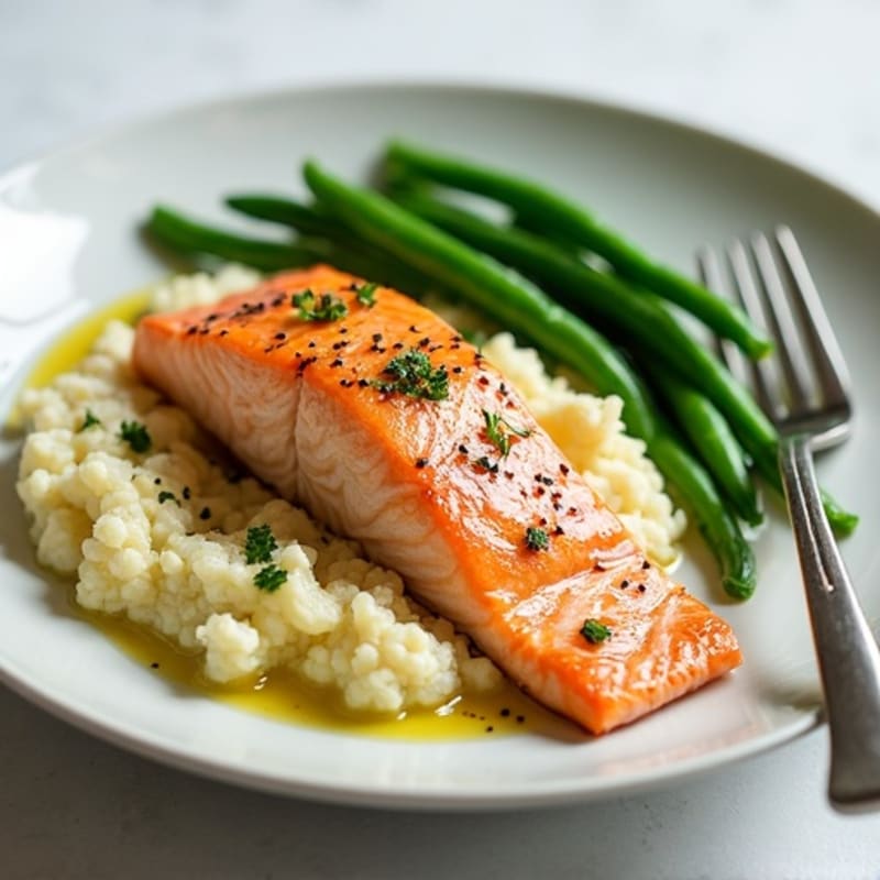 Seared Salmon with Steamed Green Beans and Garlic Mashed Cauliflower