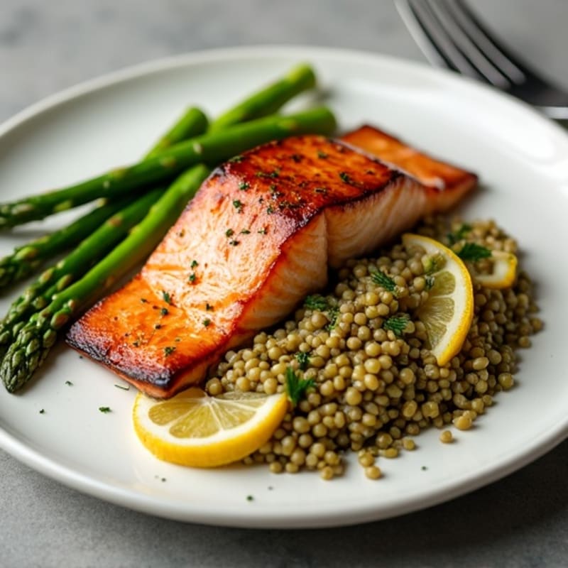 Seared Salmon with Steamed Asparagus and Lentil Mash