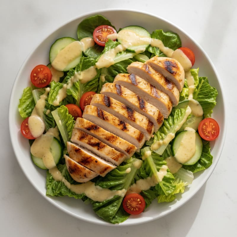 Grilled Chicken Breast Salad with Crunchy Romaine and Lemon Tahini Dressing