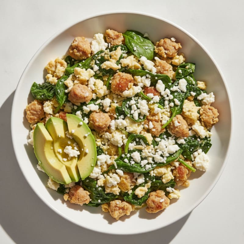 Egg White and Turkey Sausage Scramble with Spinach and Feta