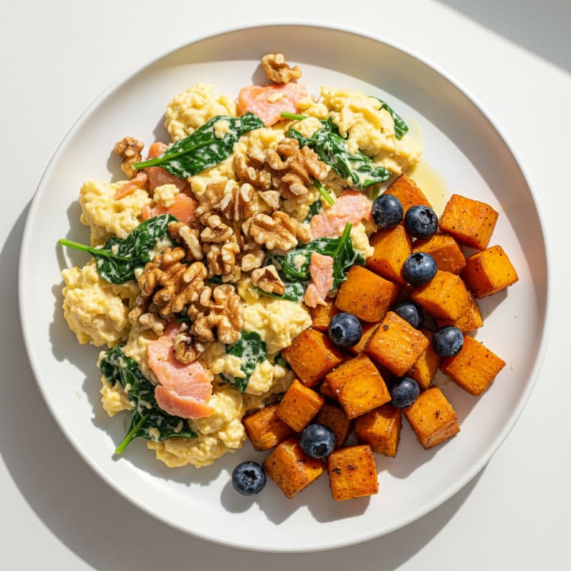 Smoked Salmon and Spinach Scramble with Toasted Walnuts