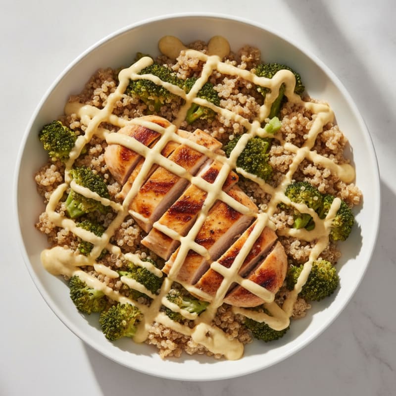 Grilled Chicken and Quinoa Power Bowl with Broccoli and Lemon Tahini Drizzle