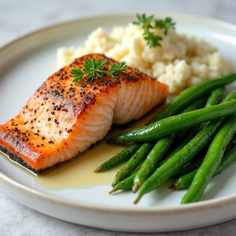 Seared Salmon with Garlic Green Beans and Cauliflower Mash