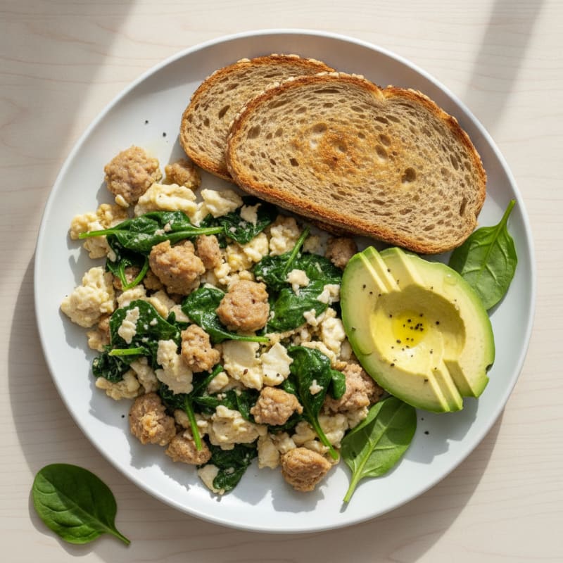 Egg White Scramble with Turkey Sausage and Sautéed Spinach