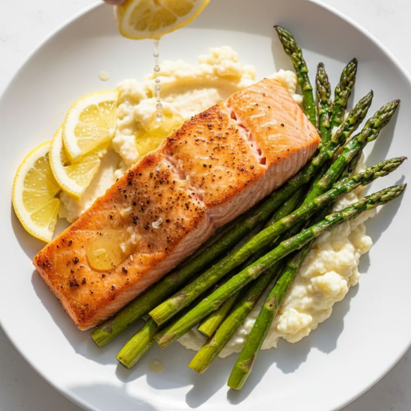 Baked Salmon with Roasted Asparagus and Cauliflower Mash