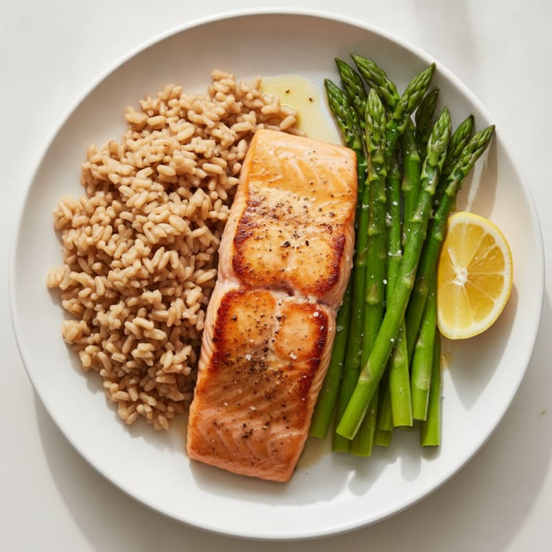 Seared Salmon Fillet with Steamed Asparagus and Brown Rice
