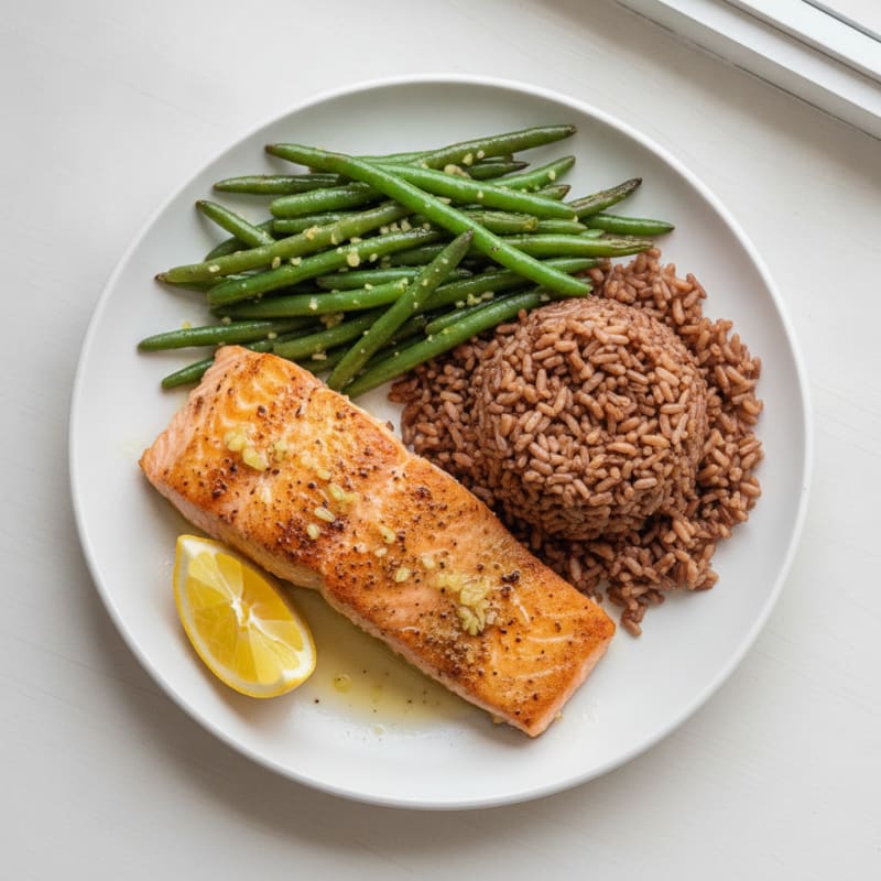 Seared Salmon with Garlic Green Beans and Brown Rice