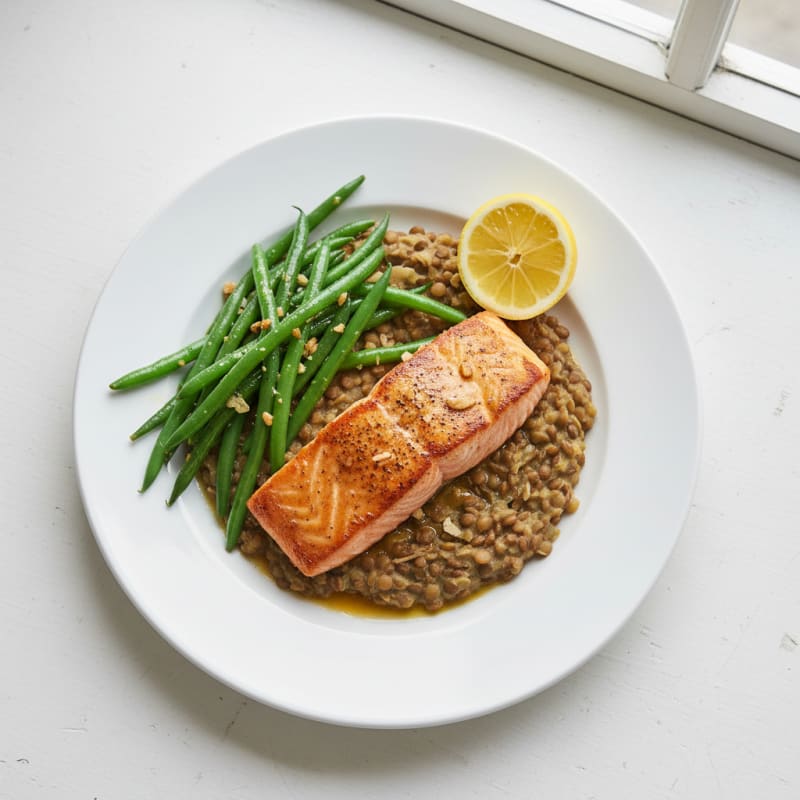 Seared Salmon Fillet with Garlic Green Beans and Lentil Mash