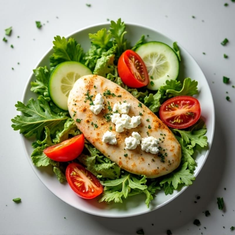 Lemon Herb Chicken with Fresh Greens, Cucumber, Tomato, and Creamy Feta