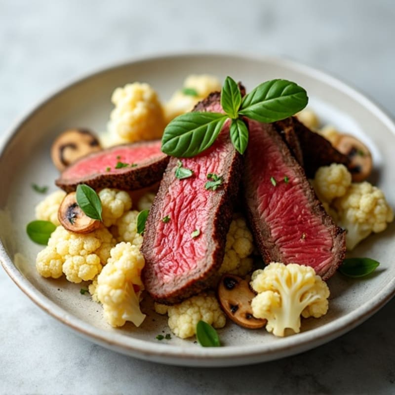Seared Lean Beef Strips with Roasted Cauliflower and Garlic Mushrooms