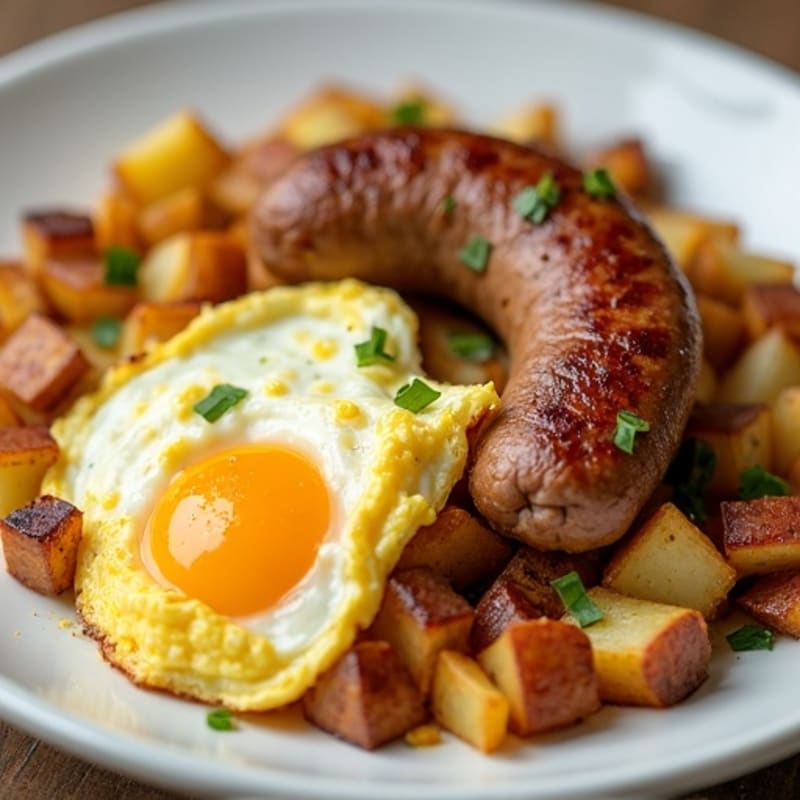 Crispy Potato Hash with Scrambled Eggs and Lean Turkey Sausage