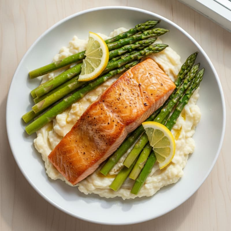 Seared Salmon with Steamed Asparagus and Garlic Mashed Cauliflower