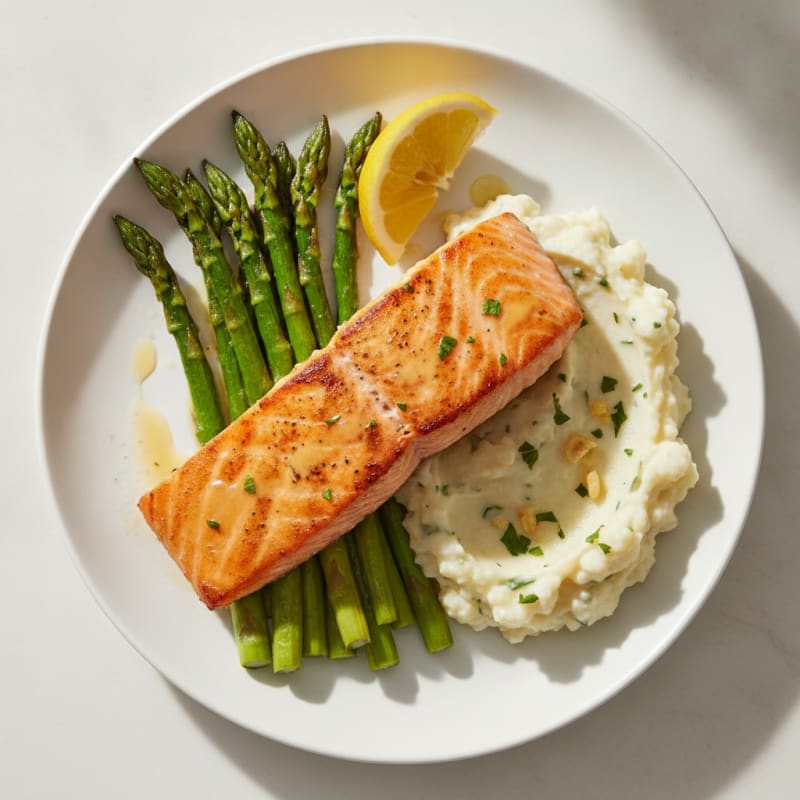 Seared Salmon with Roasted Asparagus and Garlic Mashed Cauliflower