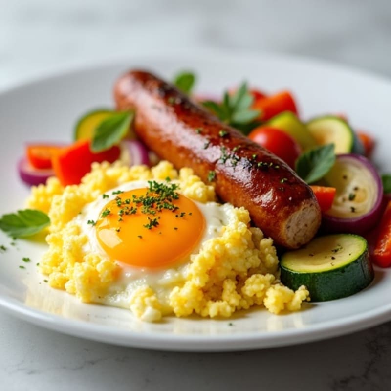 Scrambled Eggs with Lean Turkey Sausage and Roasted Vegetables