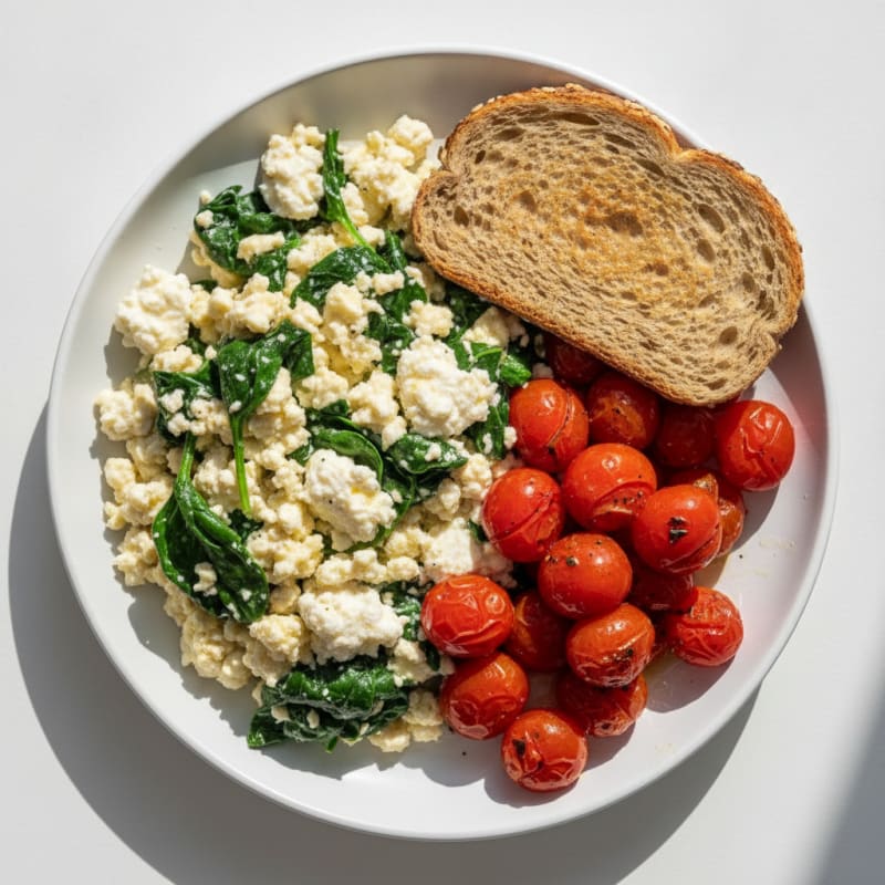 Egg White and Spinach Scramble with Cottage Cheese and Cherry Tomatoes