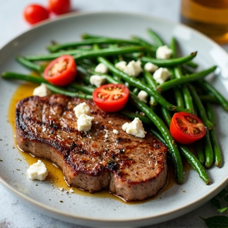 Seared Sirloin Steak with Garlic Green Beans and Cherry Tomatoes