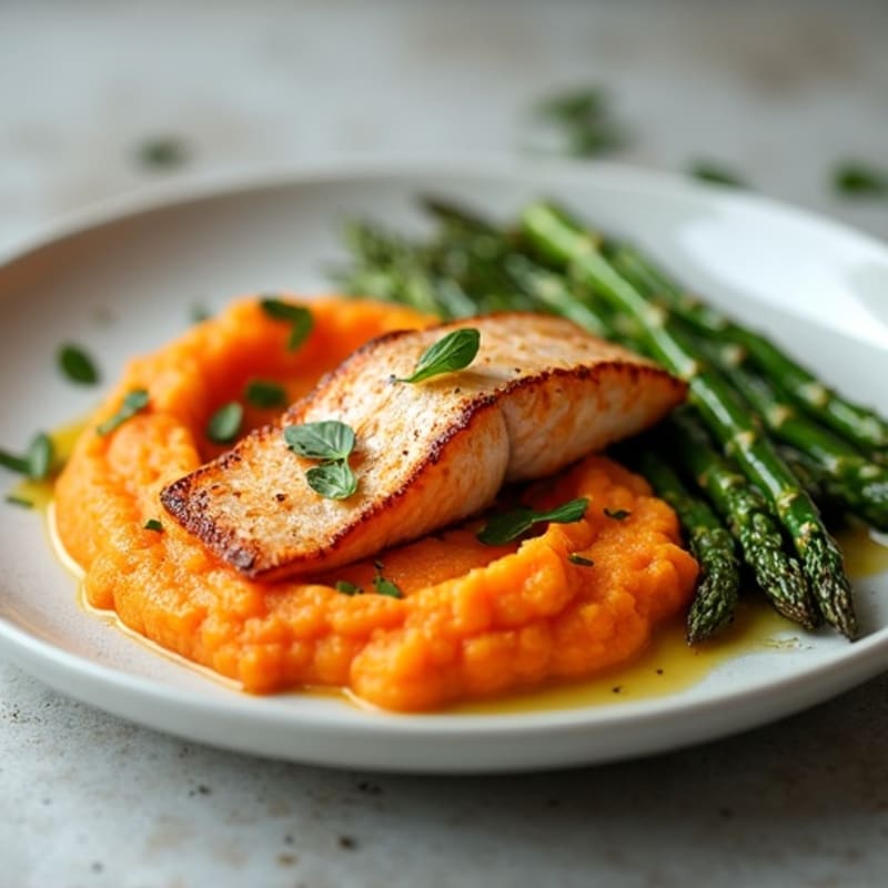 Pan Seared Salmon with Roasted Asparagus and Sweet Potato Mash