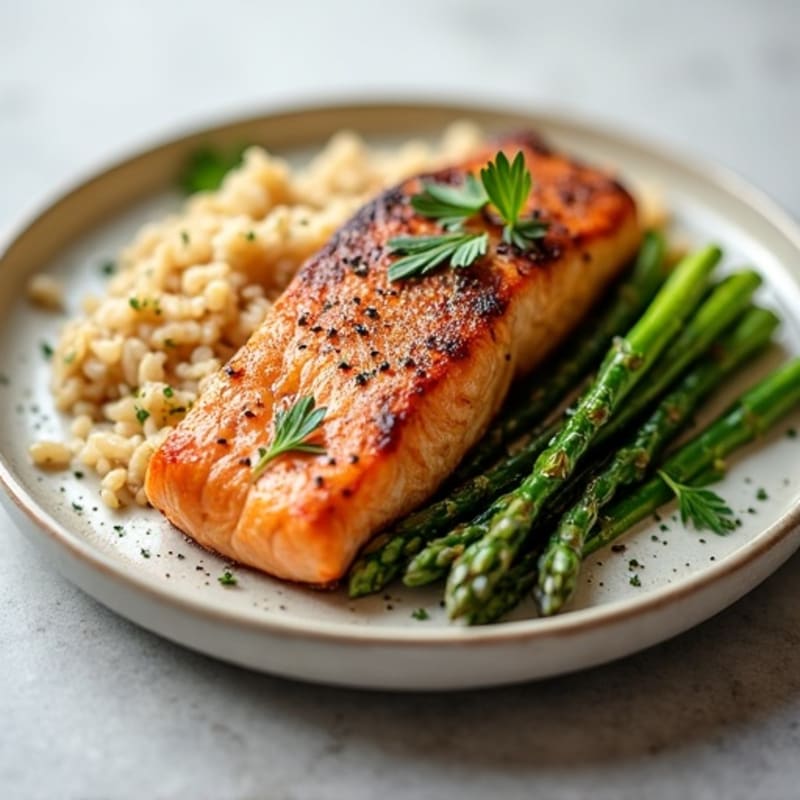 Seared Salmon with Steamed Asparagus and Brown Rice