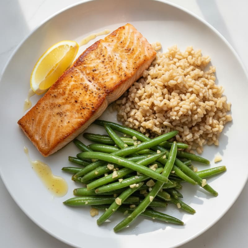 Seared Salmon with Garlic Green Beans and Brown Rice
