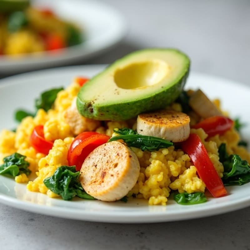 Egg White and Chicken Veggie Scramble with Spinach and Bell Peppers