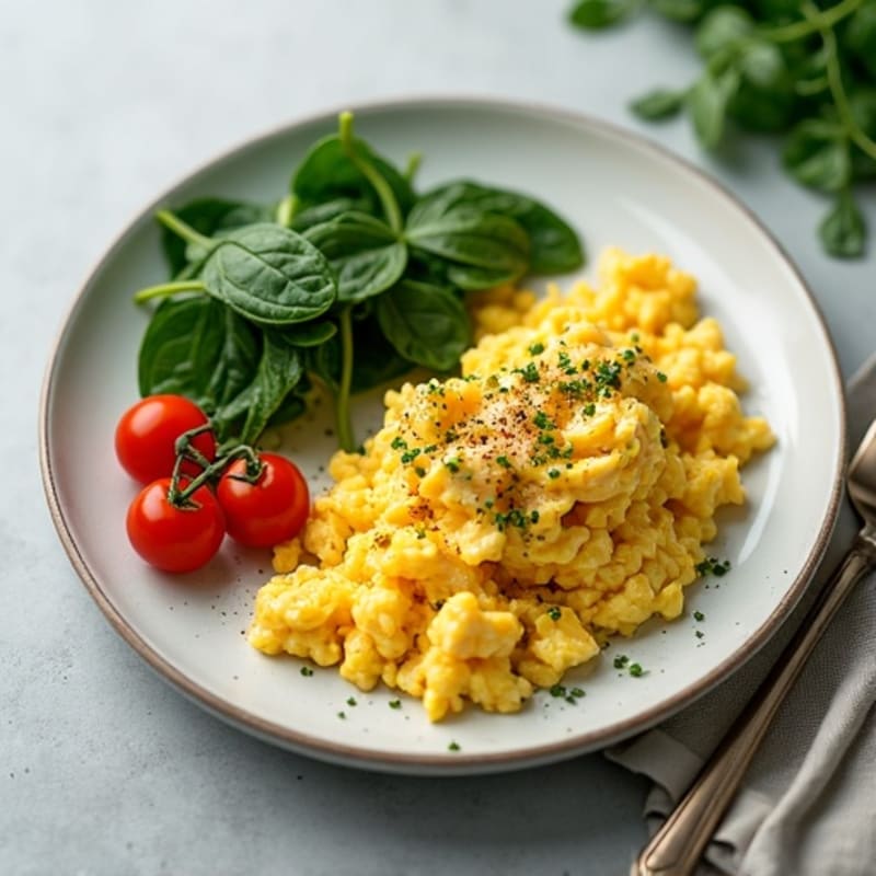 Fluffy Egg Scramble with Sautéed Spinach and Cherry Tomatoes