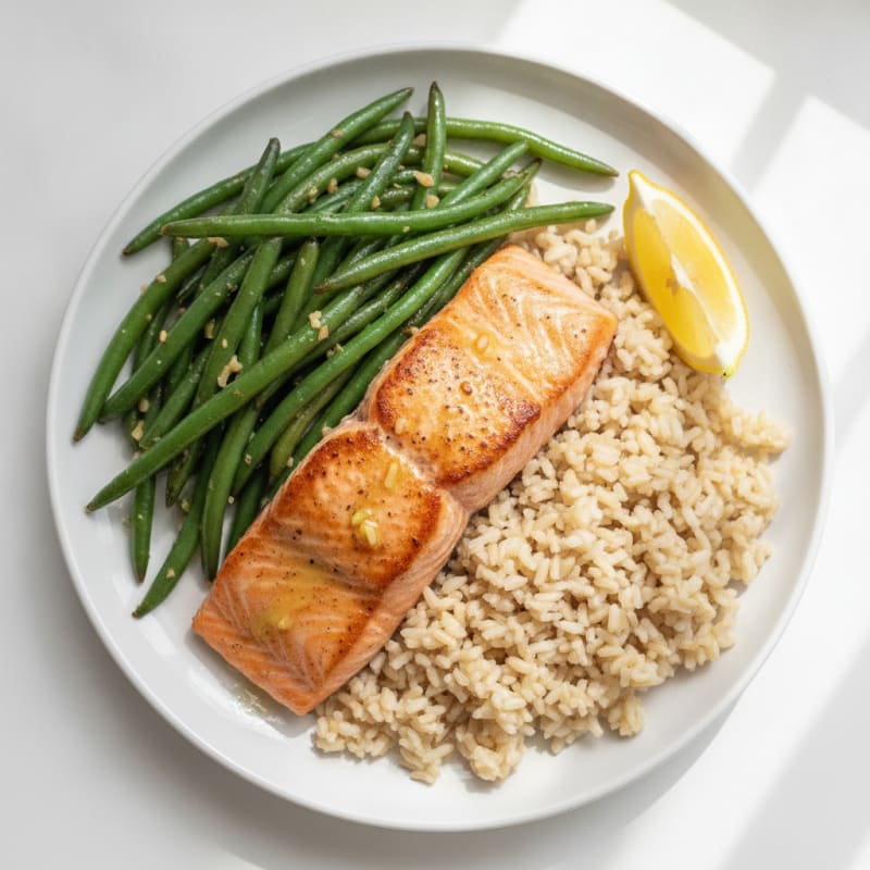 Seared Salmon Fillet with Garlic Green Beans and Brown Rice