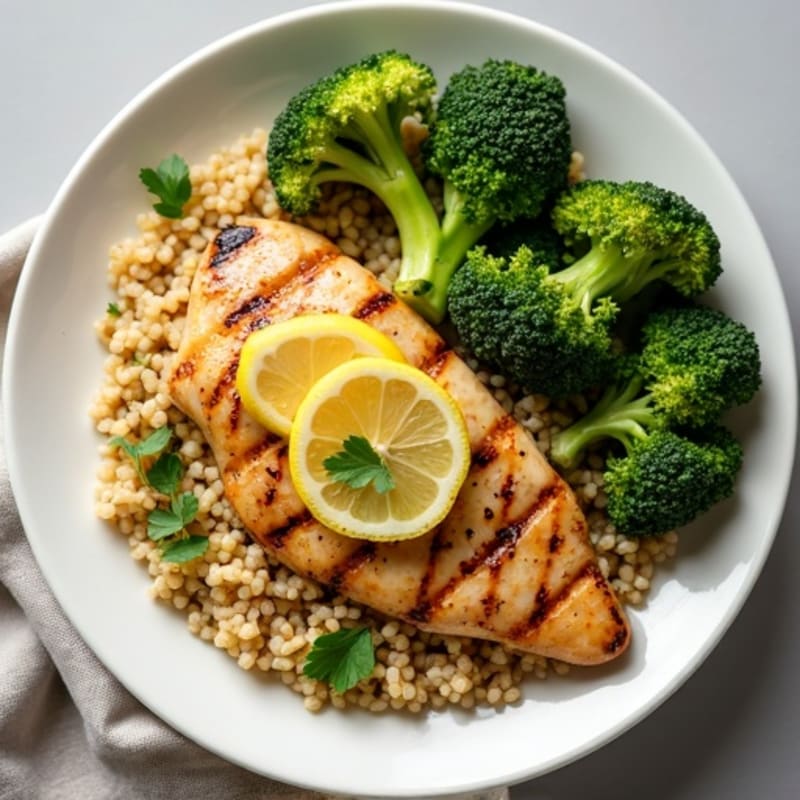 Grilled Lemon Chicken Breast with Quinoa and Roasted Broccoli