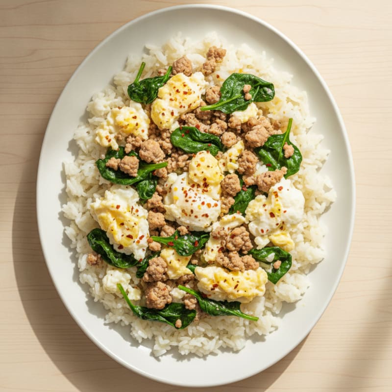 Egg White Scramble with Sautéed Spinach and Rice