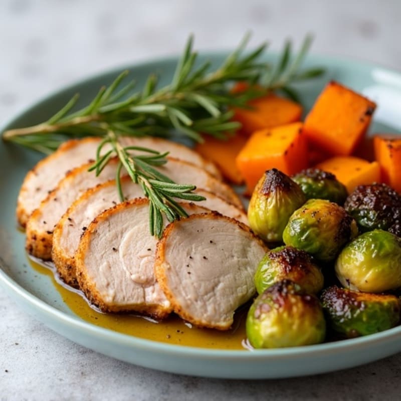Herb-Roasted Turkey Breast with Crispy Brussels Sprouts and Sweet Potato