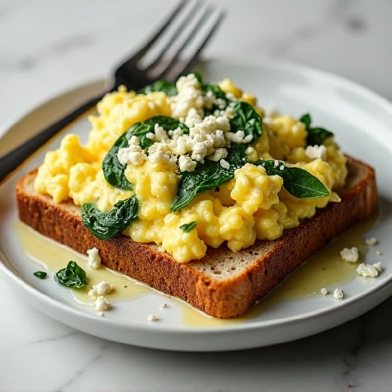 Scrambled Eggs with Sautéed Spinach and Feta on Whole Grain Toast