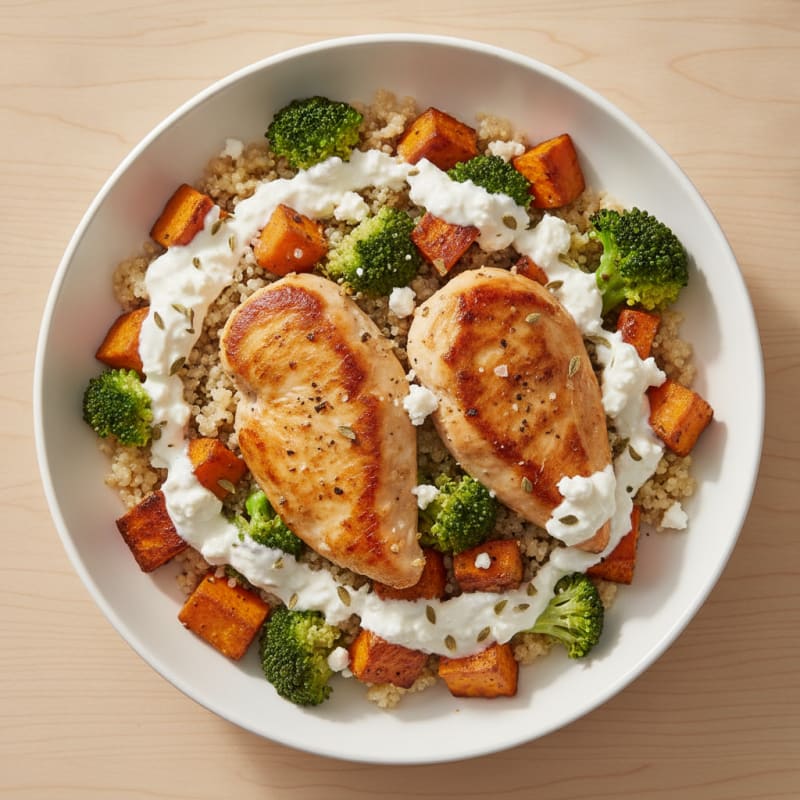 Chicken and Quinoa Bowl with Yogurt-Feta Sauce