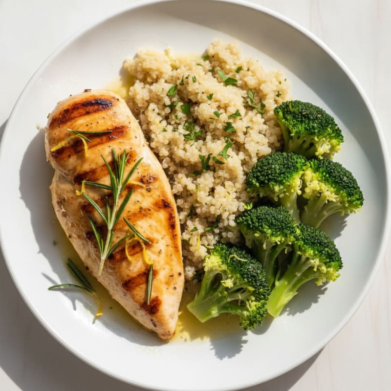 Grilled Lemon Herb Chicken with Quinoa and Steamed Broccoli