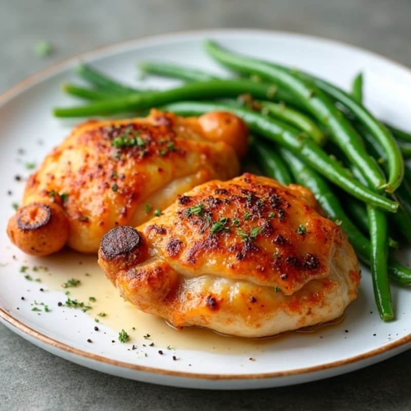 Oven-Baked Chicken Thighs with Roasted Sweet Potatoes and Steamed Green Beans