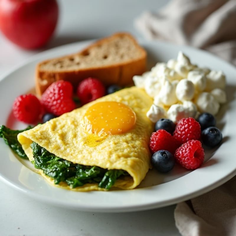 Egg White Spinach Omelet with Cottage Cheese and Fresh Berries