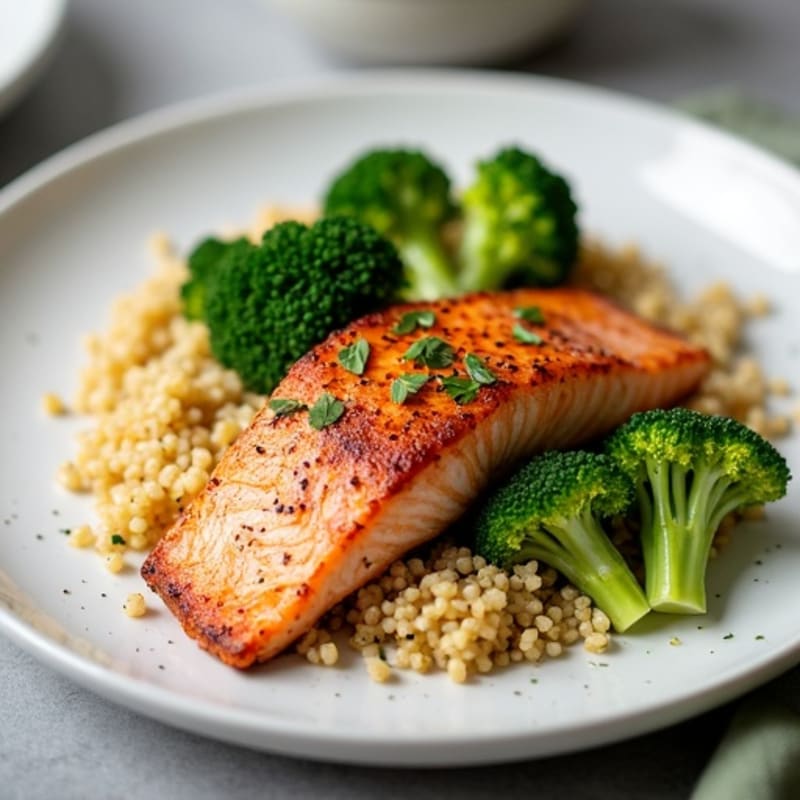 Seared Salmon with Steamed Broccoli and Quinoa