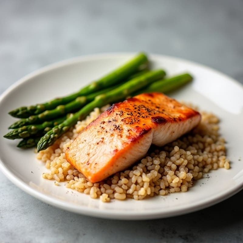 Seared Salmon with Steamed Asparagus and Brown Rice