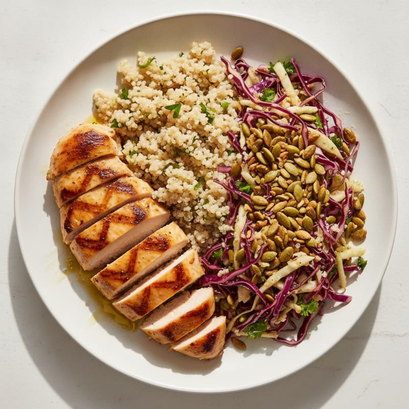 Grilled Chicken Breast with Crunchy Cabbage Slaw and Quinoa