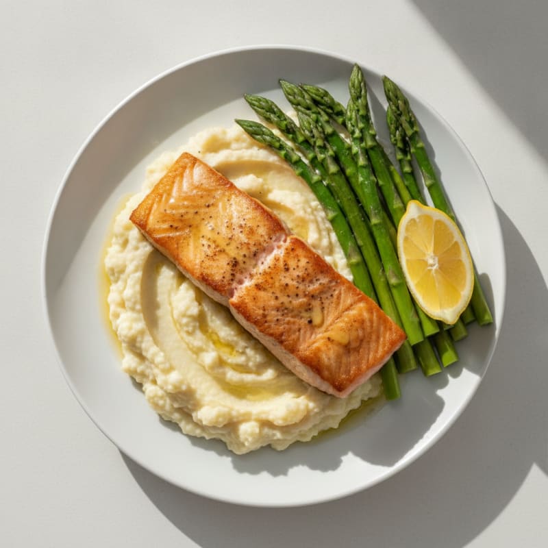 Seared Salmon with Steamed Asparagus and Cauliflower Mash