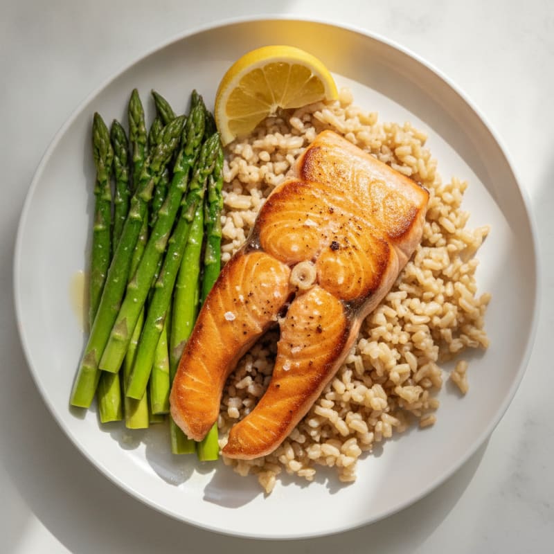 Seared Salmon with Steamed Asparagus and Brown Rice