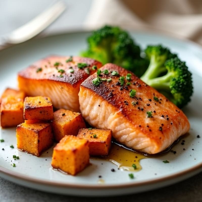 Seared Salmon with Roasted Broccoli and Sweet Potato