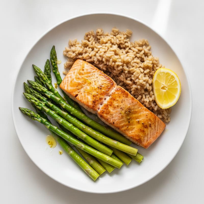 Seared Salmon Fillet with Steamed Asparagus and Brown Rice